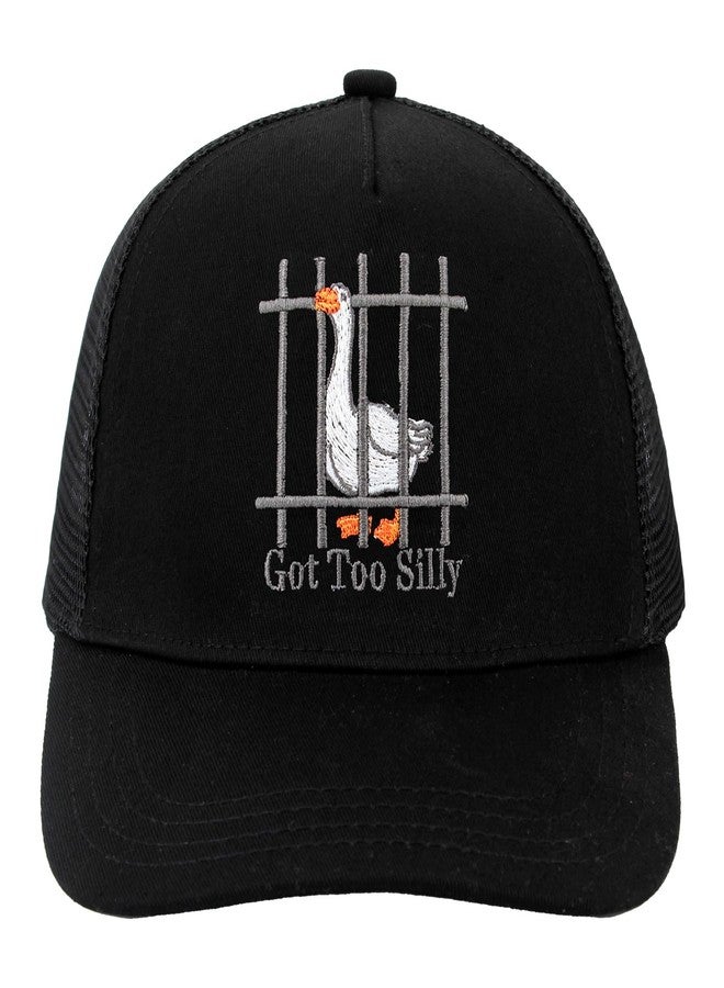 XMDZH Embroidered Got Too Silly 3D Design Funny Goose Pun Humor Trucker Hat for Animal Lovers Funny Silly Goose Club Mesh Back Golfing Hat Black - Image 1